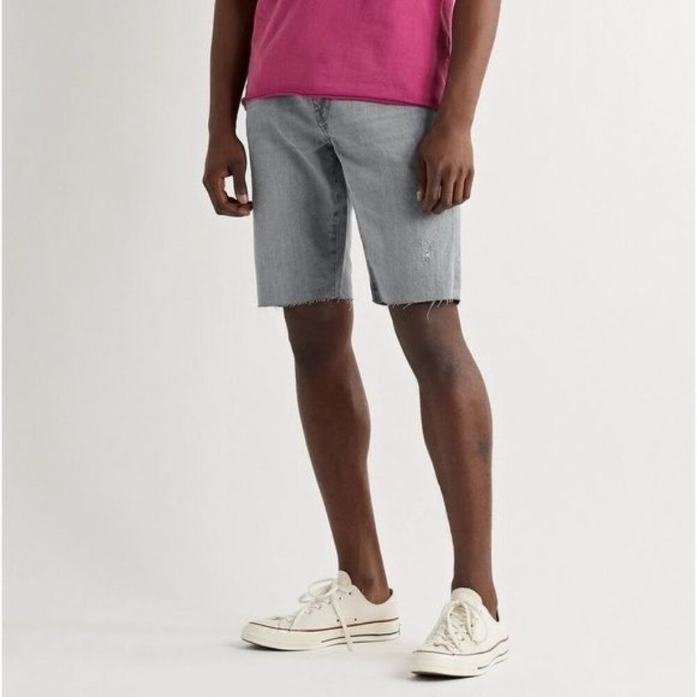 New FRAME L'Homme Cut Off Straight-Leg Distressed Organic Denim Shorts Gray 38